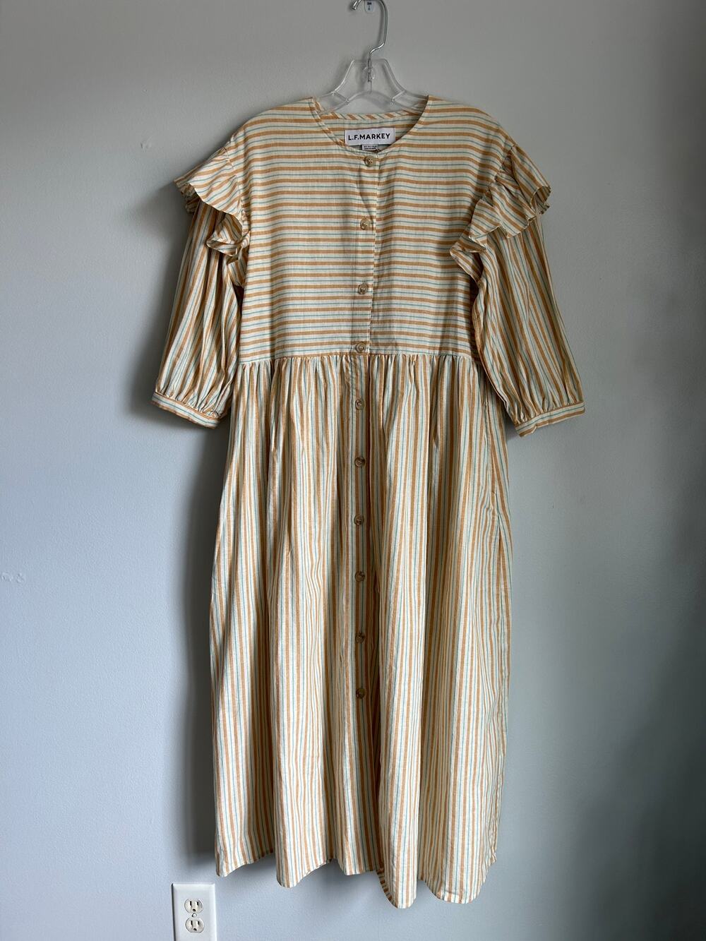 LF Markey Cream Orange Teal Stripe Buttons Cotton Linen Maxi Clive Dress Size 2